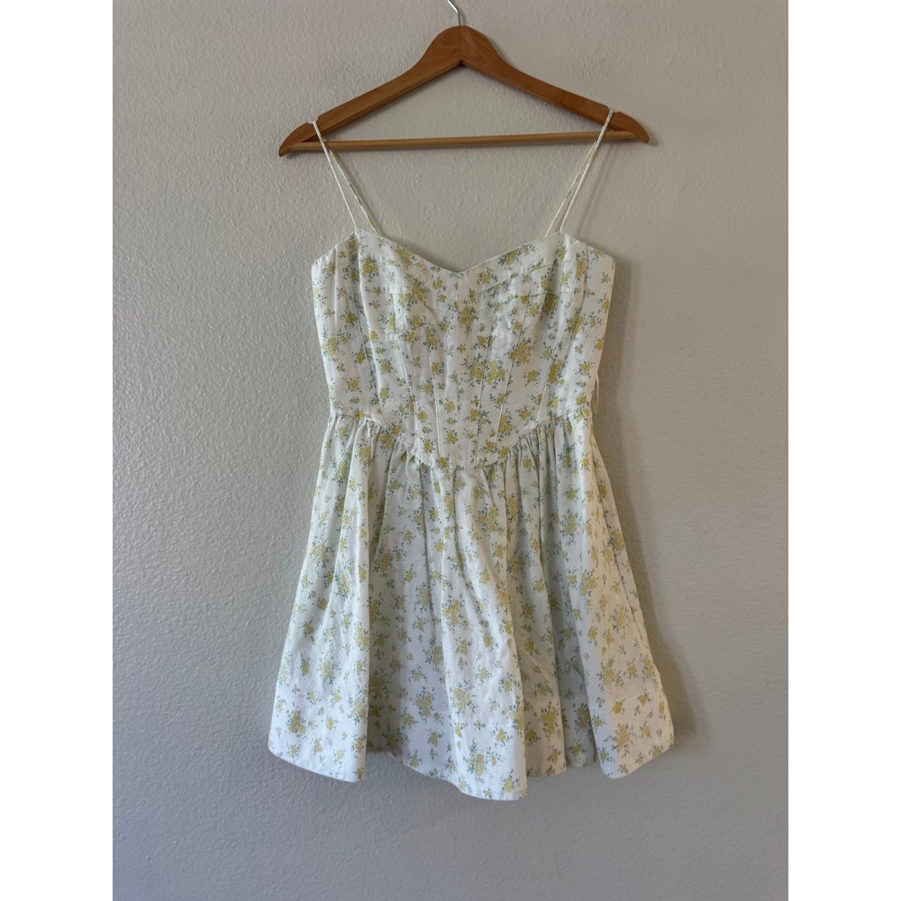 Bardot Floral Mini Dress Linen Blend Corset Sweetheart Size 2 Yellow White Euc